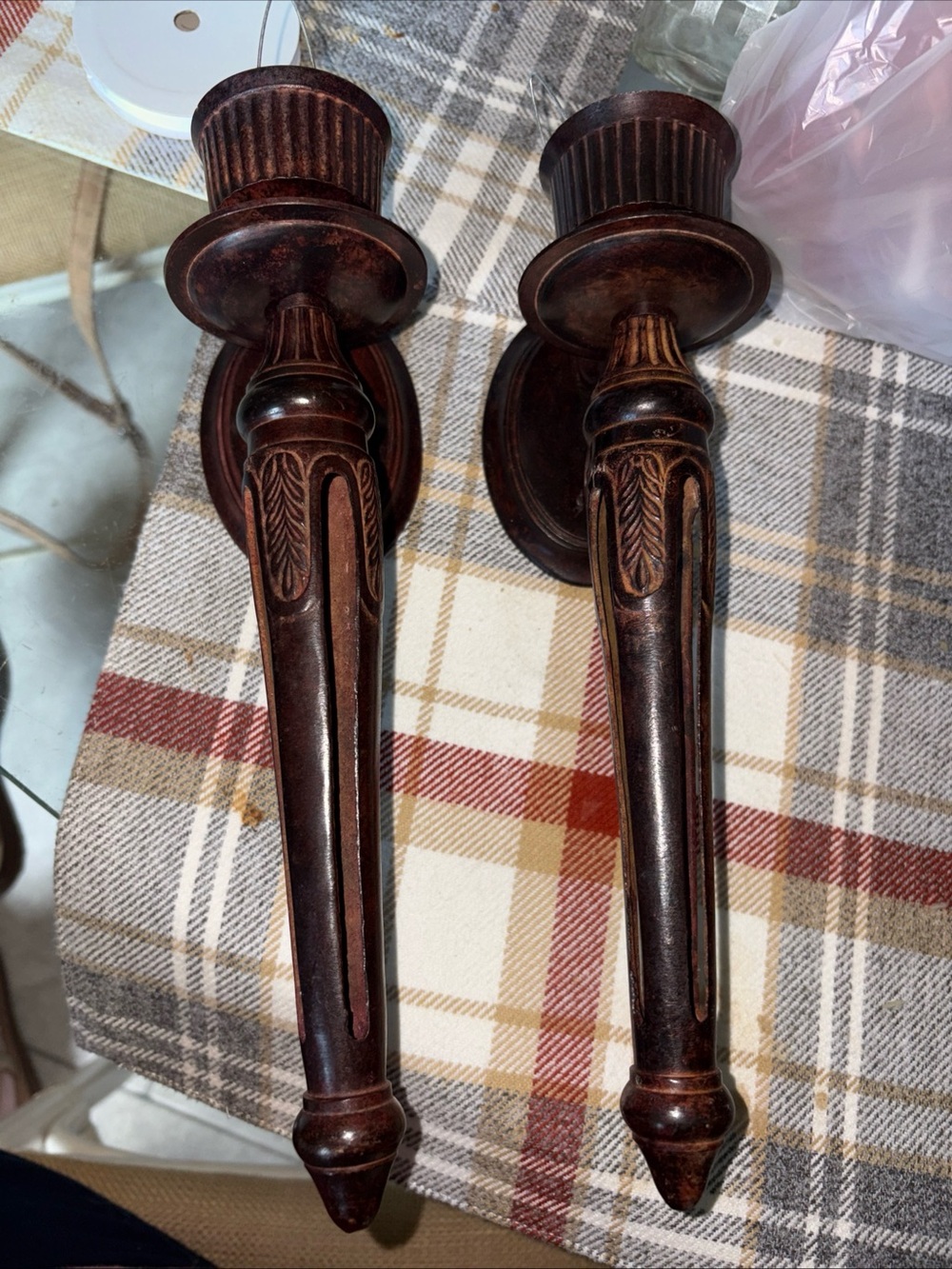 Source Unknown Dark Brown Antique-Style Wall Candle Sconces Set of 2